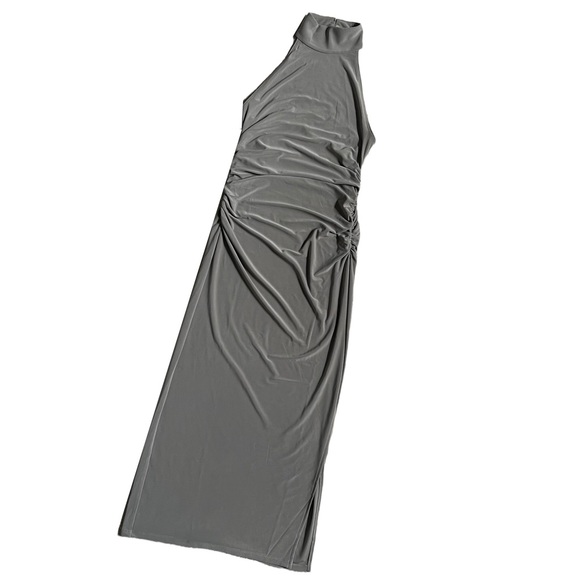 WILFRED / ARITIZIA TAUPE‎ HALTER NECKLINE FITTED “REMEDY” MIDI DRESS WITH SLIT - Picture 4 of 13